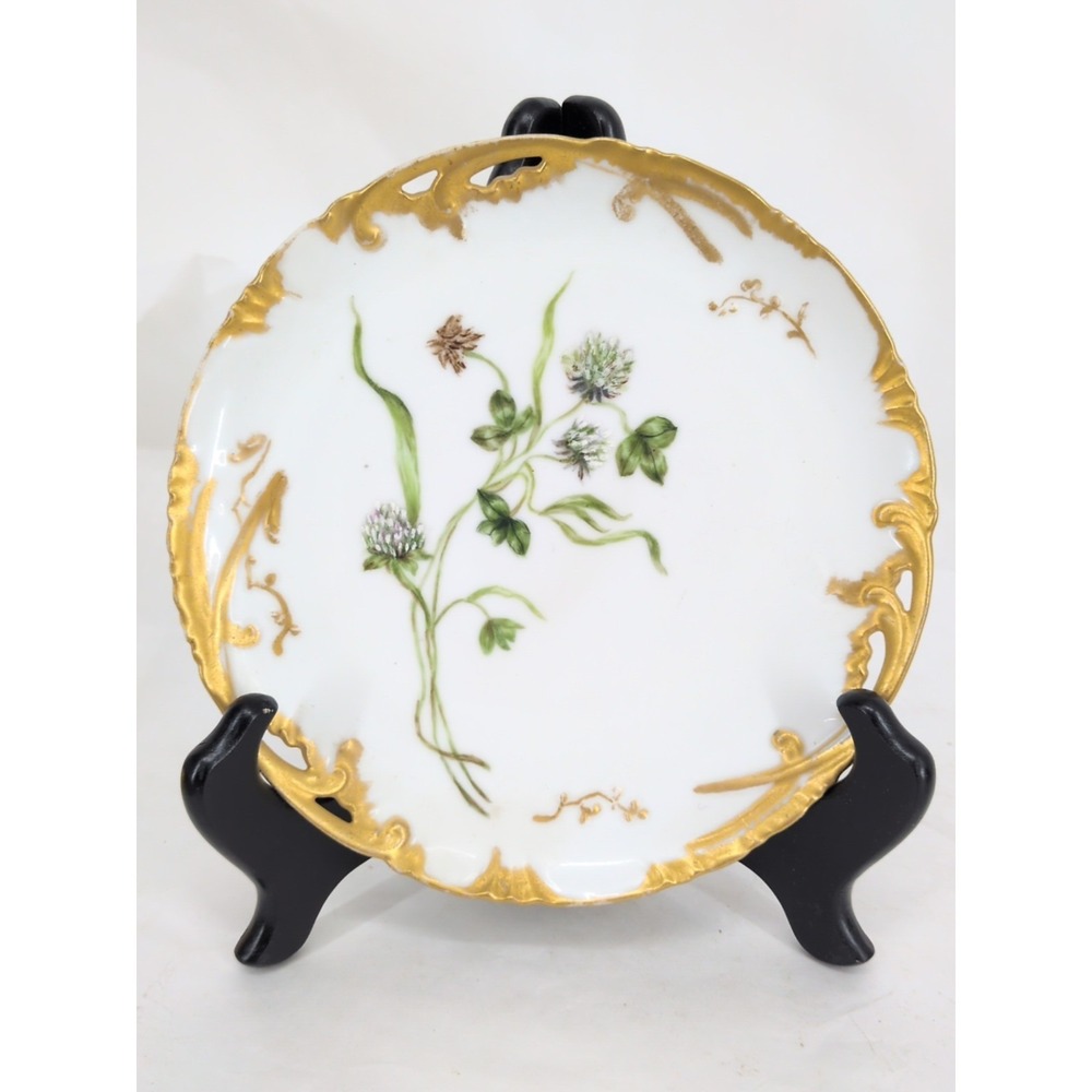 CFM GDM France Plate Artist Signed Hand Painted Floral Clover Gilt Reticulated